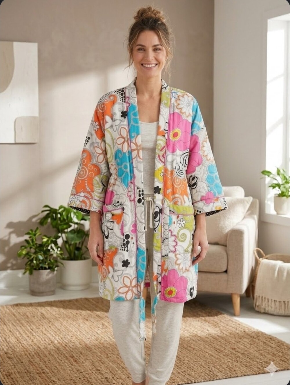 The Tepper Jackson Cotton Floral Hippie Mod 60s 70s Quilted Belted Robe S/M